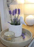 White cement planter with perched bird detail, textured finish, and drainage hole — decorative indoor pot styled with lavender arrangement.