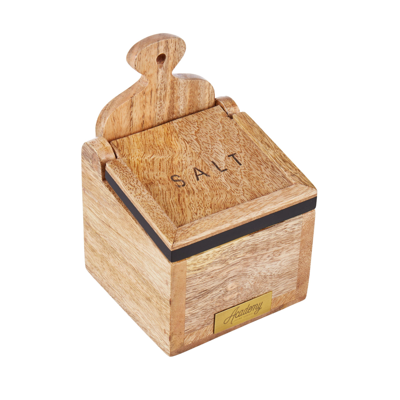 James mango wood salt box with black trim and matching wooden spoon
