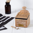 James mango wood salt box with black trim and matching wooden spoon