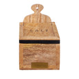 James mango wood salt box with black trim and matching wooden spoon