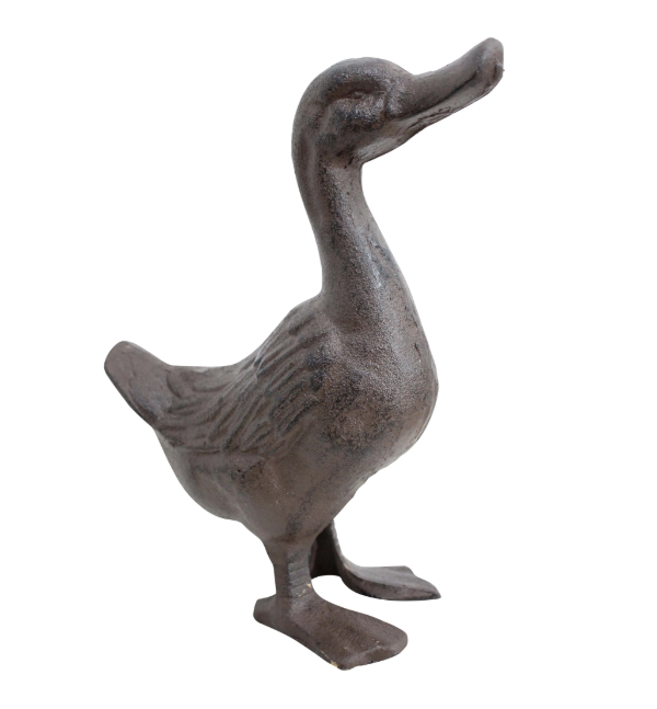 Cast iron duck ornament in rustic brown finish, large 25cm decorative garden or home sculpture.