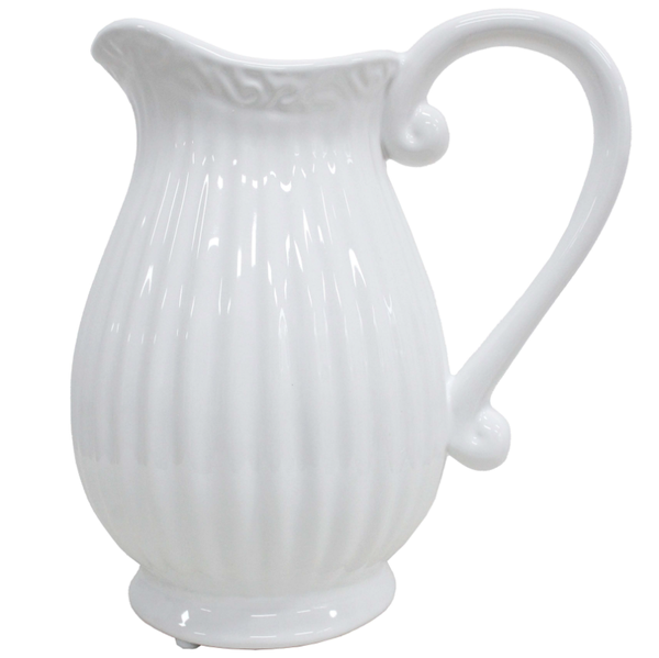 White ceramic jug with fluted design and curved handle, 15x20x20cm, classic provincial style vase or decorative piece.