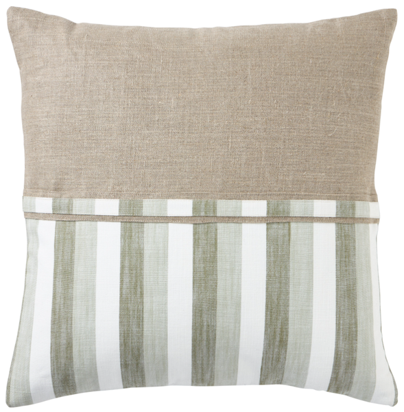 Kalani Sage Duo cushion with natural linen top and sage striped panel, 50x50cm