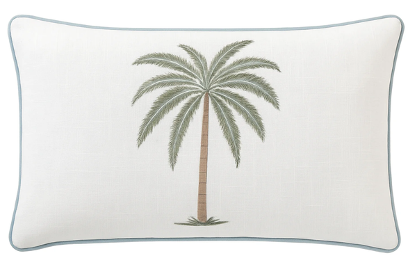Laguna Palm Dune cushion with embroidered green palm tree motif and soft piped edge, 50x30cm