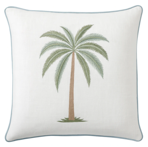 Laguna Palm Dune cushion with embroidered green palm tree motif and soft piped edge, 50x50cm