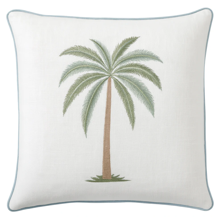 Laguna Palm Dune cushion with embroidered green palm tree motif and soft piped edge, 50x50cm