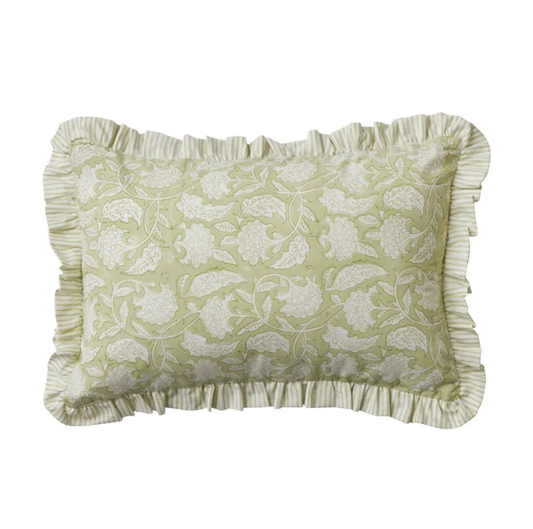 Lalita cotton block print cushion 35x50cm in green with floral pattern and striped ruffle trim