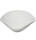 A wide, shallow, and curved decorative dish shaped like a large scallop shell. It has a ribbed texture and is a matte white colour. The dish is shown from the top