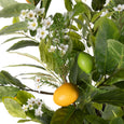 Artificial lemon and wax flower arrangement in a rustic grey Lille planter, featuring realistic yellow lemons, lush green foliage, and delicate white blooms for a fresh, summery look.