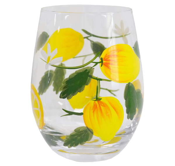 Clear glass with playful yellow lemon and green leaf design, 9x9x12cm.