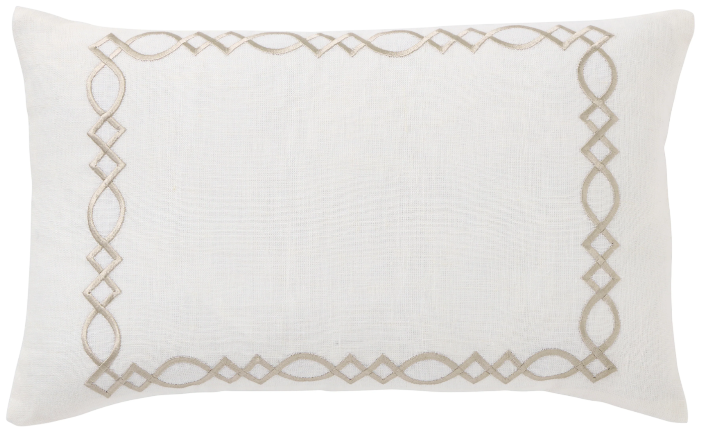 Linen Catalina lumbar cushion with embroidered lattice border in natural tones, 30x50cm