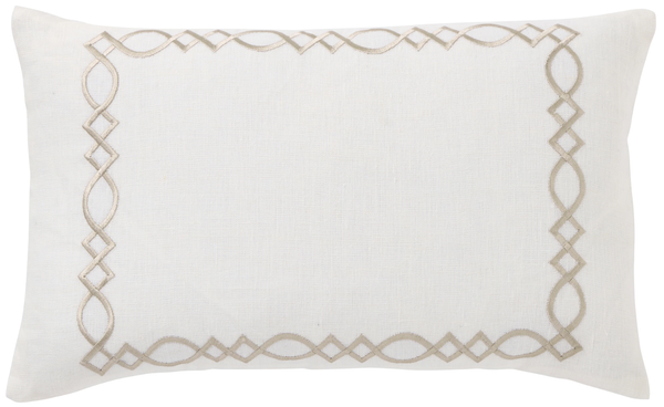 Linen Catalina lumbar cushion with embroidered lattice border in natural tones, 30x50cm