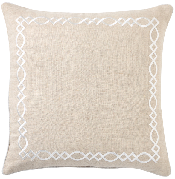 Linen Catalina sand cushion with embroidered border detailing and piping trim, 50x50cm