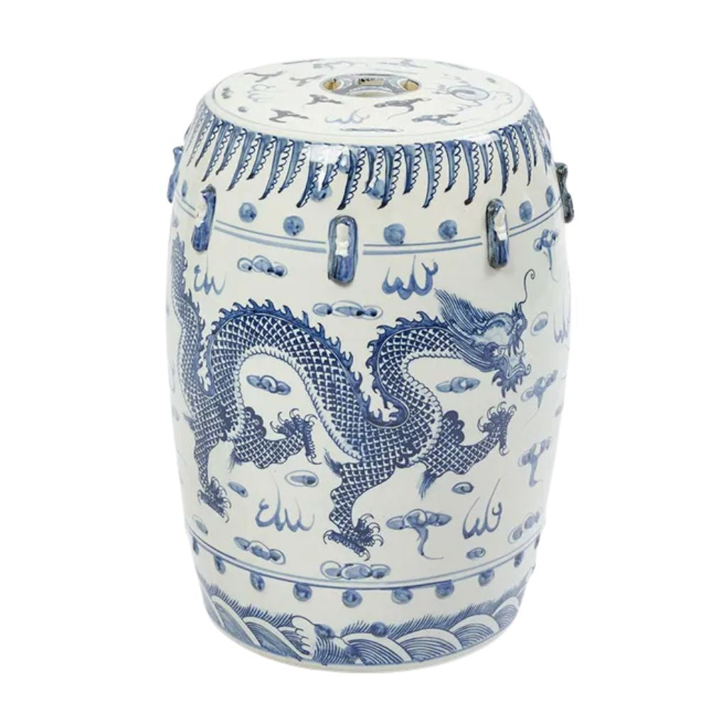 Blue and white Long Dragon Drum Stool featuring a detailed chinoiserie dragon design, made from glazed clay and suitable as seating or a side table.