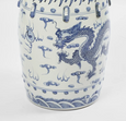 Blue and white Long Dragon Drum Stool featuring a detailed chinoiserie dragon design, made from glazed clay and suitable as seating or a side table.