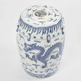 Blue and white Long Dragon Drum Stool featuring a detailed chinoiserie dragon design, made from glazed clay and suitable as seating or a side table.