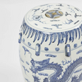 Blue and white Long Dragon Drum Stool featuring a detailed chinoiserie dragon design, made from glazed clay and suitable as seating or a side table.