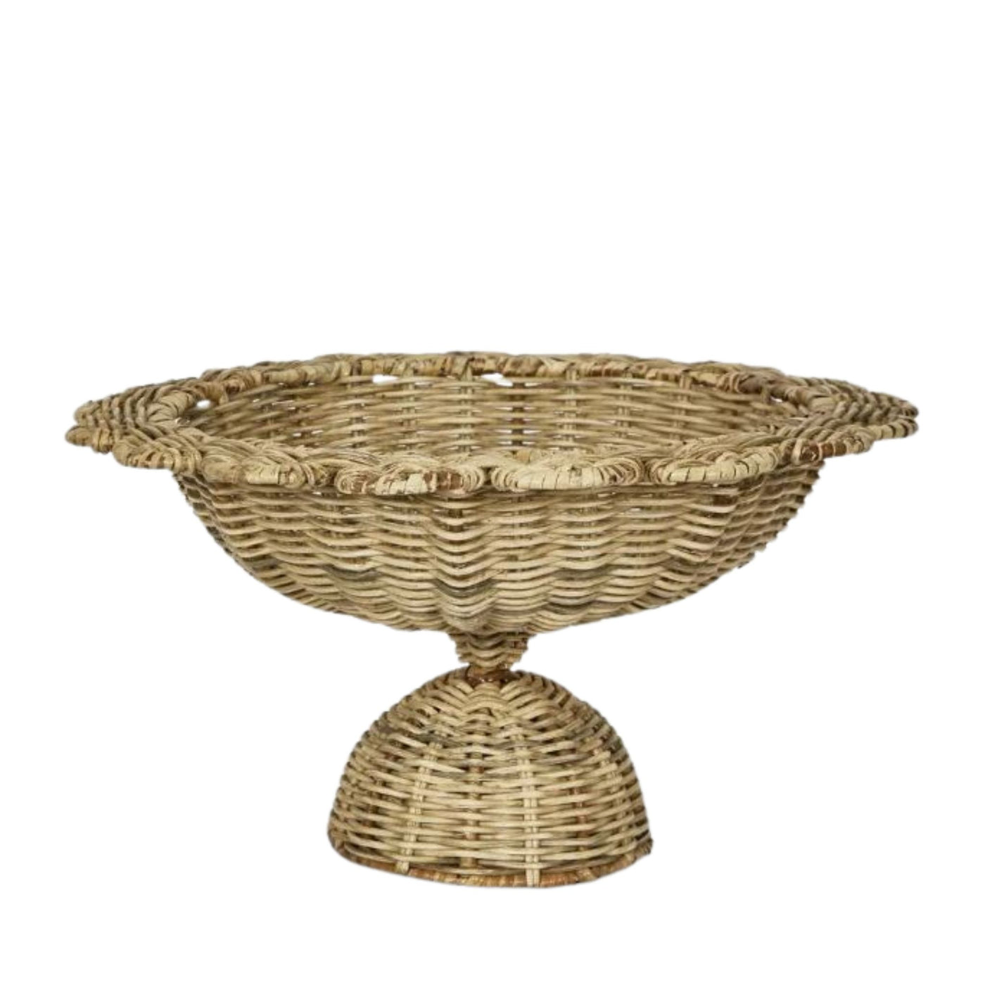 Natural rattan scalloped bowl with pedestal base, handwoven decorative bowl for Hamptons and coastal home styling