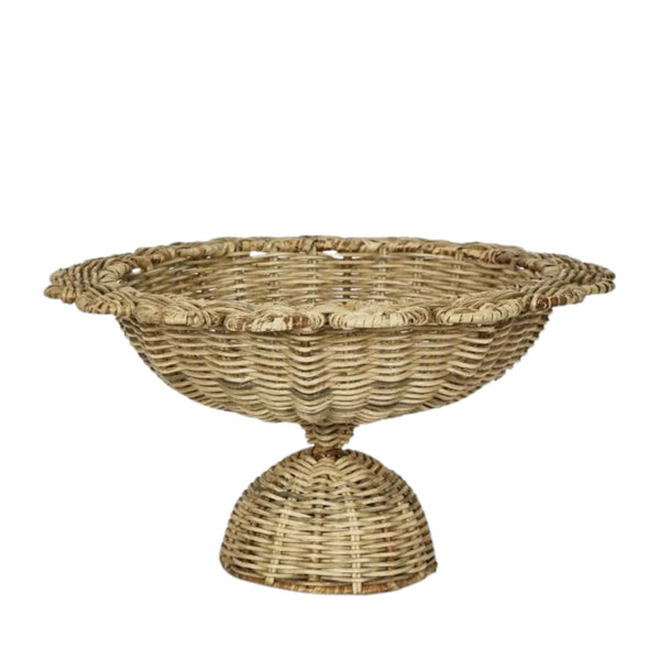 Natural rattan scalloped bowl with pedestal base, handwoven decorative bowl for Hamptons and coastal home styling