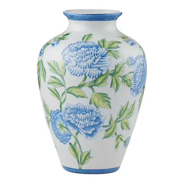 A ceramic vase with a classic, gently curved silhouette. The vase is decorated with a hand-painted blue floral and green vine pattern on a white background, consistent with the Mabel Ceramic Platter.