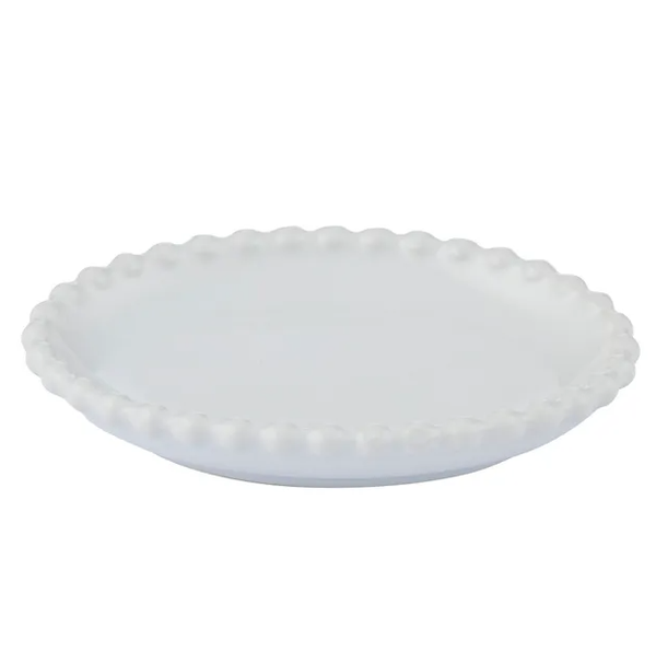 White ceramic Maeve soap dish with delicate beaded trim for a classic Hamptons-style bathroom