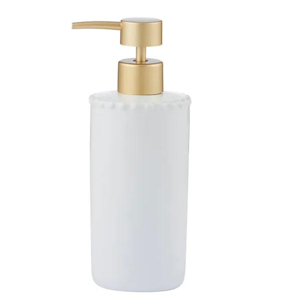 White ceramic Maeve soap dispenser with gold pump and subtle beaded rim detail