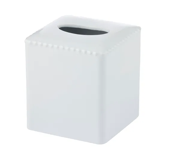 White ceramic Maeve tissue box cover with subtle beaded trim in a classic Hamptons style