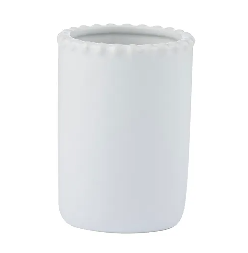 White ceramic Maeve tumbler with scalloped rim detail for Hamptons-style bathroom storage