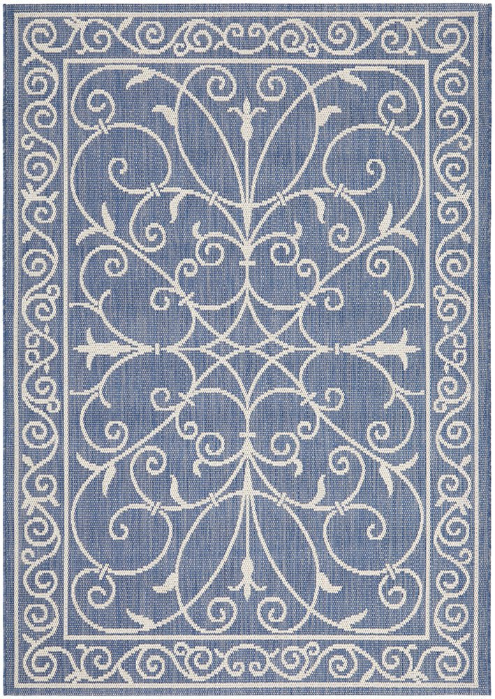 Blue and ivory flatweave outdoor rug featuring an elegant scroll pattern.
