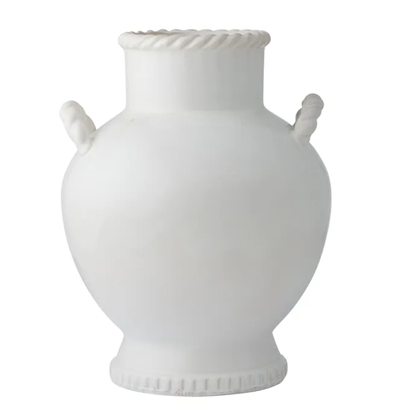 White ceramic vase with rope-style handles and textured rim