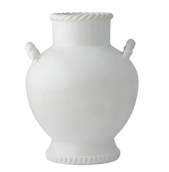 White ceramic vase with rope-style handles and textured rim