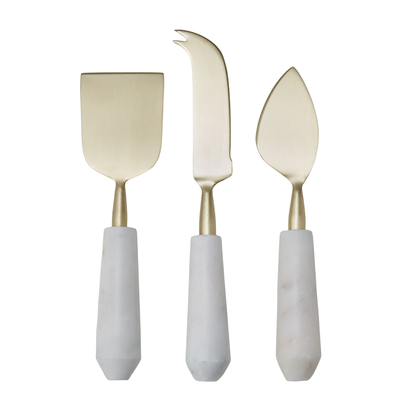 Marble and gold cheese knife set with white marble handles and stainless steel blades