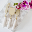 Marble and gold cheese knife set with white marble handles and stainless steel blades