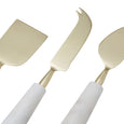 Marble and gold cheese knife set with white marble handles and stainless steel blades