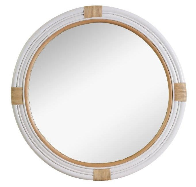 Round Marina Rattan Mirror with white rattan wrap and natural twine detail, hand-crafted coastal wall mirror, 80cm diameter.