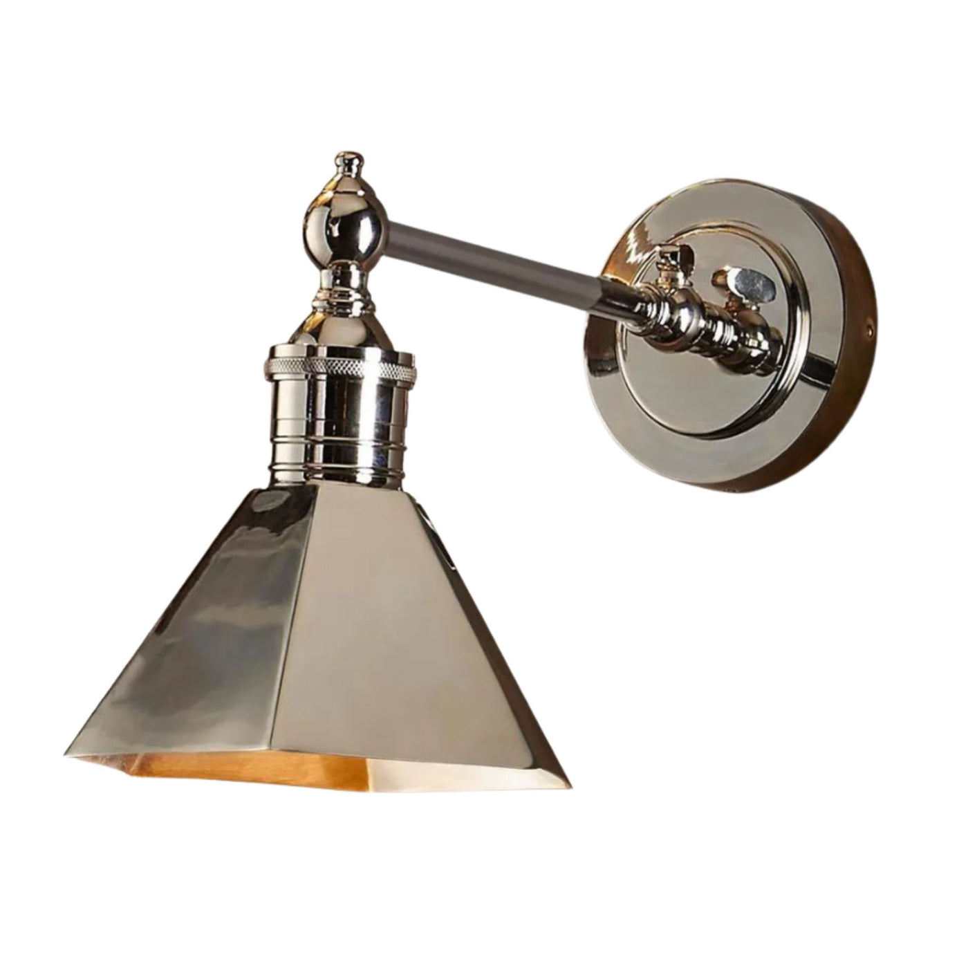 Shiny nickel brass wall sconce with hexagonal shade