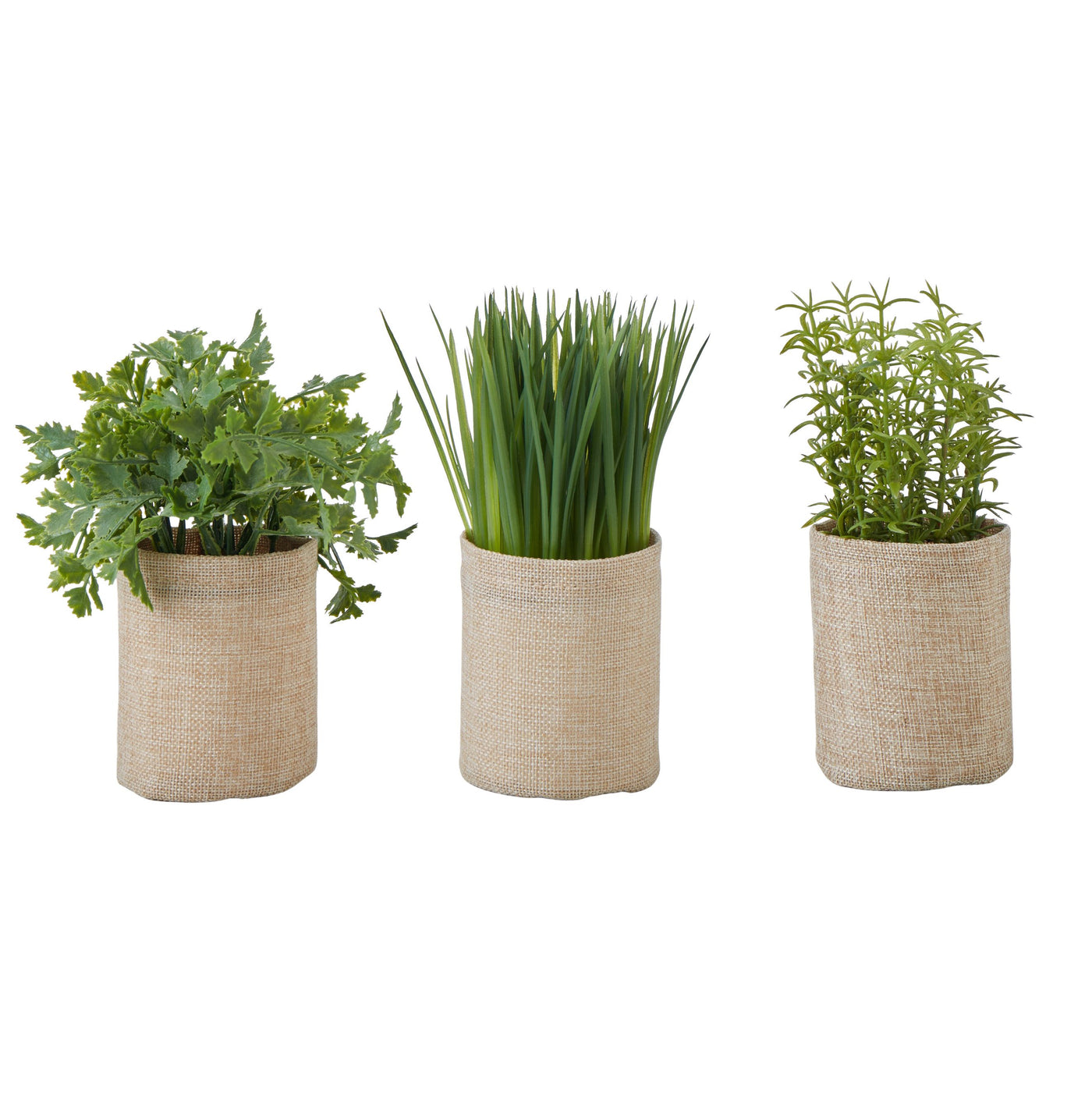 Mixed artificial herbs in rustic fabric pots, set of three in assorted designs, 30cm green arrangements.