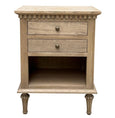 Montauk weathered oak side table with two drawers and open shelf
