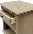Montauk weathered oak side table with two drawers and open shelf. Image showing drawers.