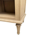 Montauk weathered oak side table with two drawers and open shelf. Close up of leg detailing.