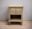 Montauk weathered oak side table with two drawers and open shelf