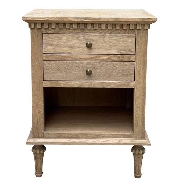 Montauk weathered oak side table with two drawers and open shelf
