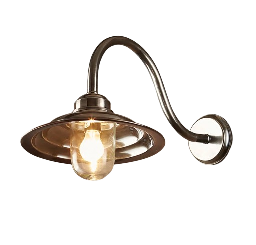 Monteray antique silver outdoor wall light with curved arm and glass shade