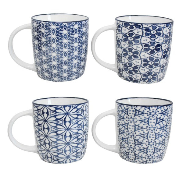 Senoma ceramic mugs set of four with assorted blue and white patterns