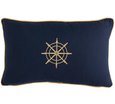 Navy lumbar cushion with embroidered gold ship’s wheel and contrast piping.