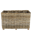 Natural rattan rectangular storage basket with woven sides and wooden base.