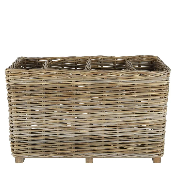 Natural rattan rectangular storage basket with woven sides and wooden base.
