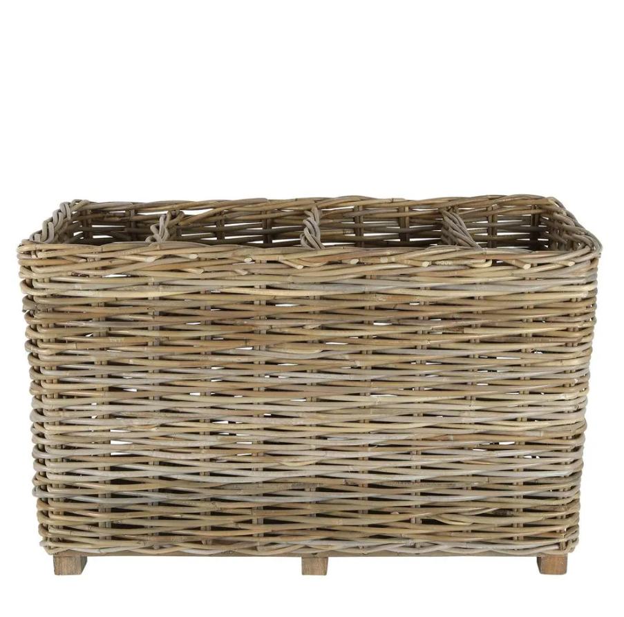 Natural rattan rectangular storage basket with woven sides and wooden base.