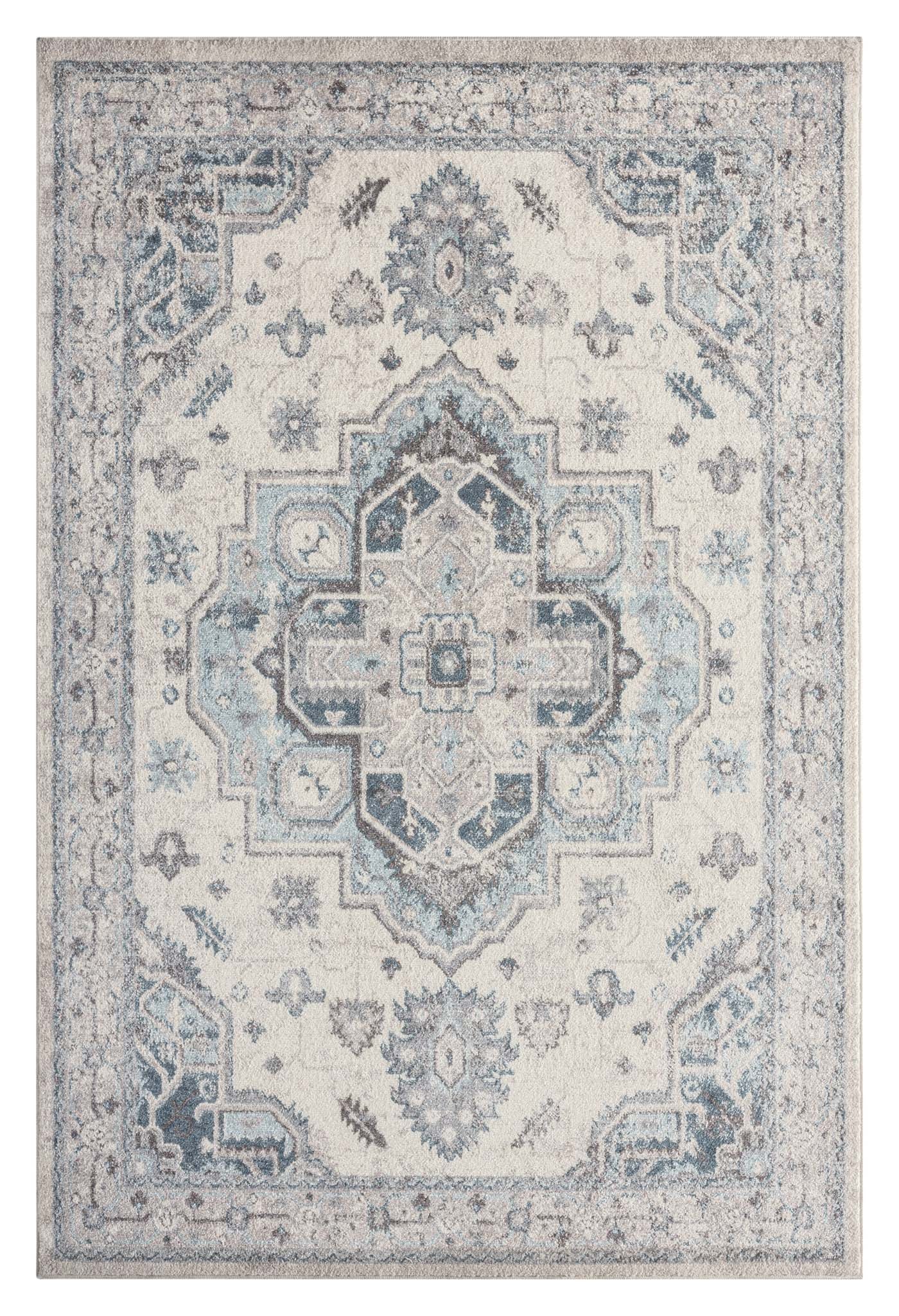 Newport Blue Rug with detailed medallion design in soft blue and ivory tones.