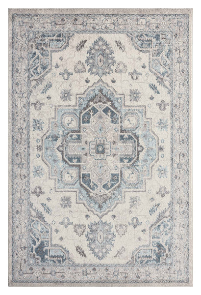 Newport Blue Rug with detailed medallion design in soft blue and ivory tones.